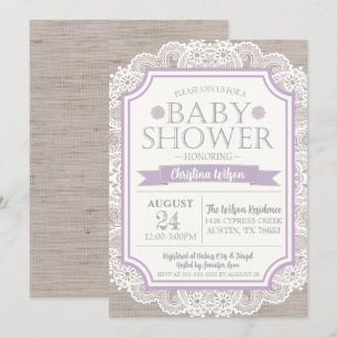 Burlap Paars & Lace Baby shower Invitation Kaart