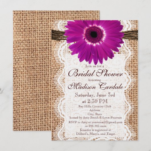 Burlap Paarse Daisy Bridal Shower Invitations Kaart (Voorkant / Achterkant)