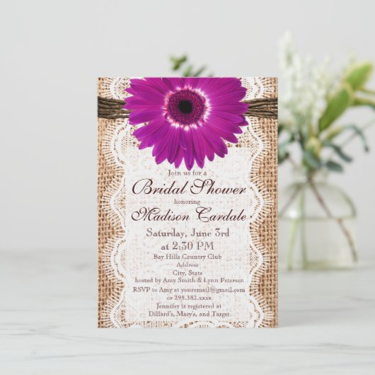 Burlap Paarse Daisy Bridal Shower Invitations Kaart (Staand voorkant)