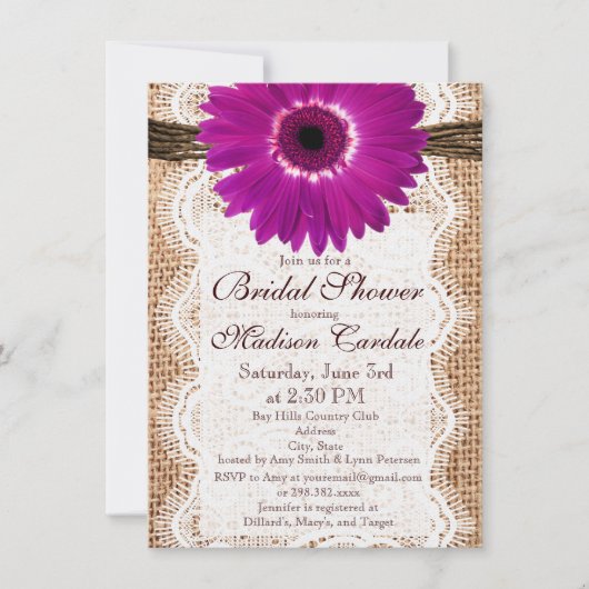 Burlap Paarse Daisy Bridal Shower Invitations Kaart (Voorkant)