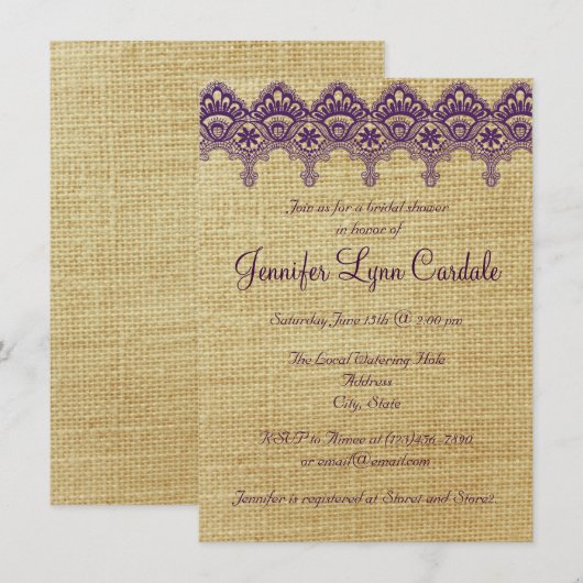 Burlap Paarse Damask Lace Bridal Shower Invitation Kaart (Voorkant / Achterkant)