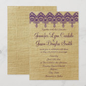 Burlap Paarse Damask Lace Wedding Invitations Kaart (Voorkant / Achterkant)