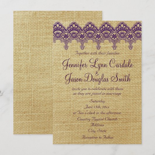 Burlap Paarse Damask Lace Wedding Invitations Kaart (Voorkant / Achterkant)