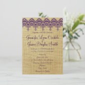 Burlap Paarse Damask Lace Wedding Invitations Kaart (Staand voorkant)