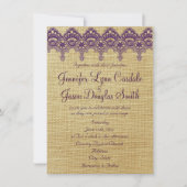 Burlap Paarse Damask Lace Wedding Invitations Kaart (Voorkant)