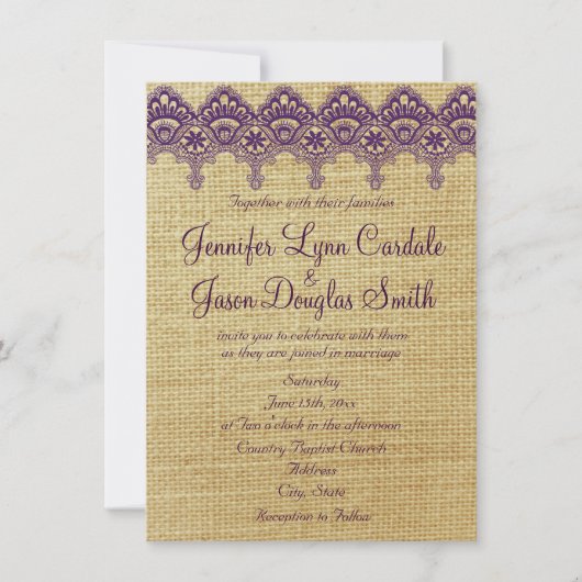 Burlap Paarse Damask Lace Wedding Invitations Kaart (Voorkant)