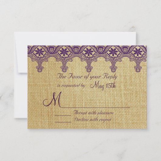 Burlap Paarse Damask Lace Wedding RSVP-kaarten RSVP Kaartje (Voorkant)