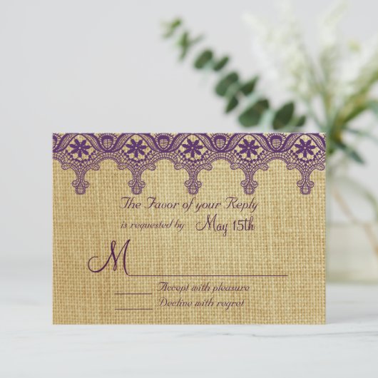 Burlap Paarse Damask Lace Wedding RSVP-kaarten RSVP Kaartje (Staand voorkant)