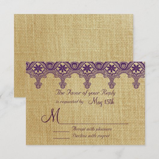 Burlap Paarse Damask Lace Wedding RSVP-kaarten RSVP Kaartje (Voorkant / Achterkant)