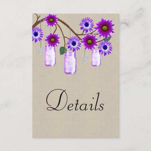 Burlap Paarse Floral Mason Jars Wedding Details Informatiekaartje (Voorkant)