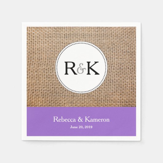 Burlap & Paarse Monogrammed Bruiloft Servetten (Voorkant)