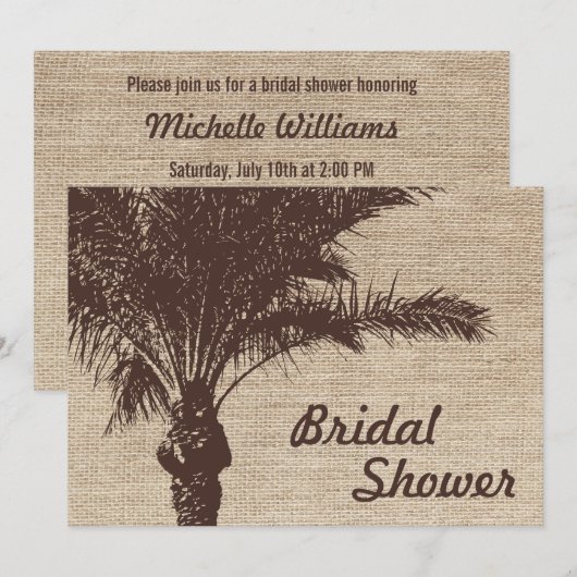 Burlap Palm Tree Brown Bridal Shower Invitations Kaart (Voorkant / Achterkant)