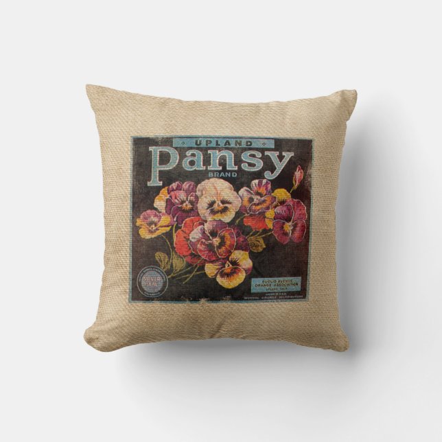 Burlap  Pansey Flowers Kussen (Voorkant)