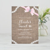 Burlap & Parels Roze Bow Glamour Sweet 16 Party Kaart (Staand voorkant)