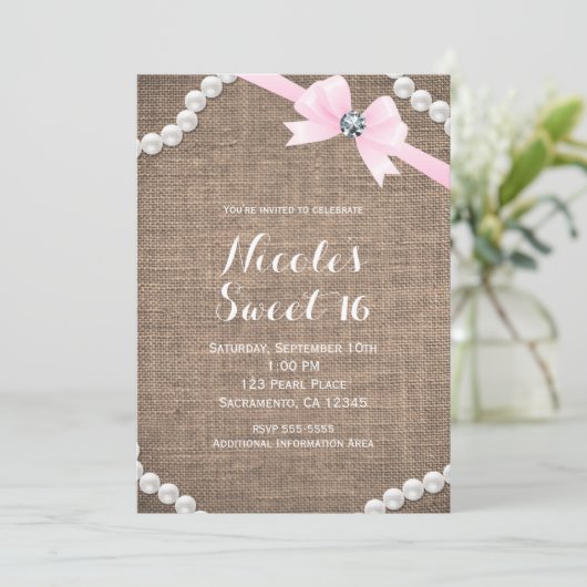 Burlap & Parels Roze Bow Glamour Sweet 16 Party Kaart (Staand voorkant)
