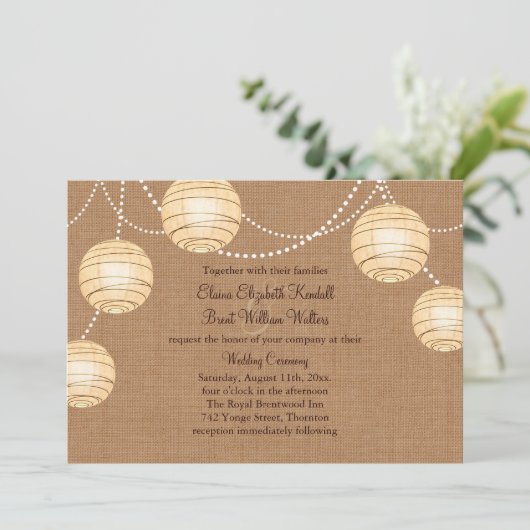 Burlap Party Lantaarns bruiloft uitnodiging (Staand voorkant)
