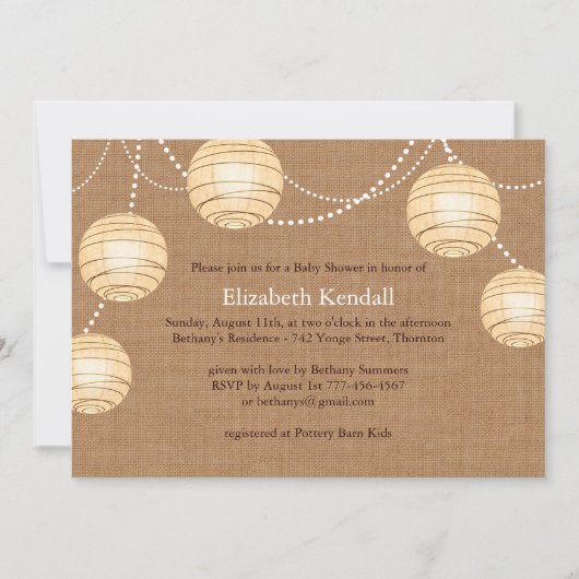 Burlap Party Lantern Baby shower Invitation Kaart (Voorkant)