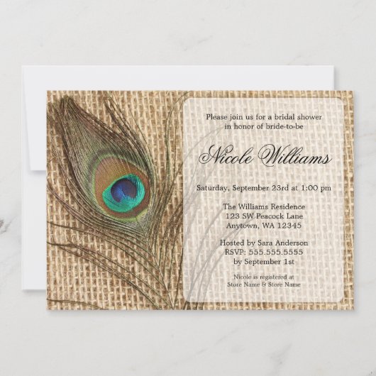 Burlap Peacock Feather Bridal Shower Invitations Kaart (Voorkant)