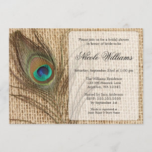 Burlap Peacock Feather Bridal Shower Invitations Kaart