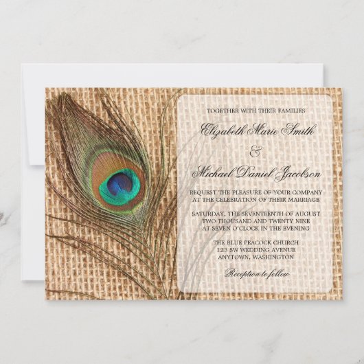 Burlap Peacock Feather Wedding Invitation Kaart (Voorkant)