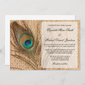 Burlap Peacock Feather Wedding Invitation Kaart (Voorkant / Achterkant)