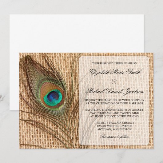 Burlap Peacock Feather Wedding Invitation Kaart (Voorkant / Achterkant)