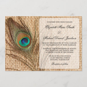 Burlap Peacock Feather Wedding Invitation Kaart