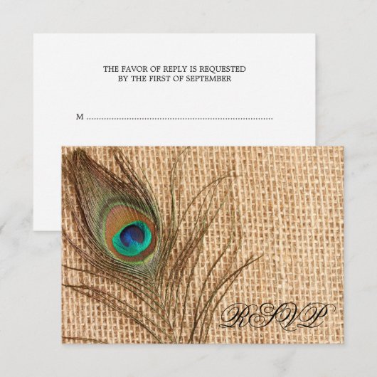 Burlap Peacock Feather Wedding RSVP (Voorkant / Achterkant)