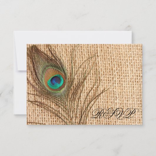 Burlap Peacock Feather Wedding RSVP Kaartje (Voorkant)