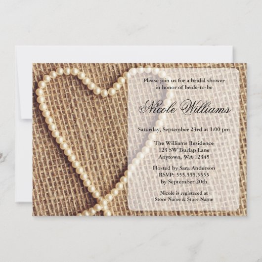 Burlap Pearl Heart Bridal Shower Invitations Kaart (Voorkant)