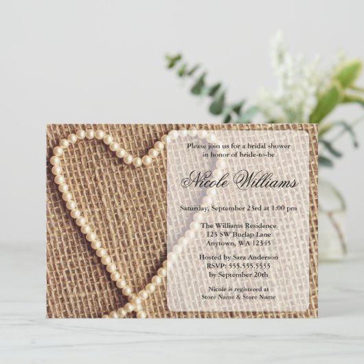 Burlap Pearl Heart Bridal Shower Invitations Kaart (Staand voorkant)