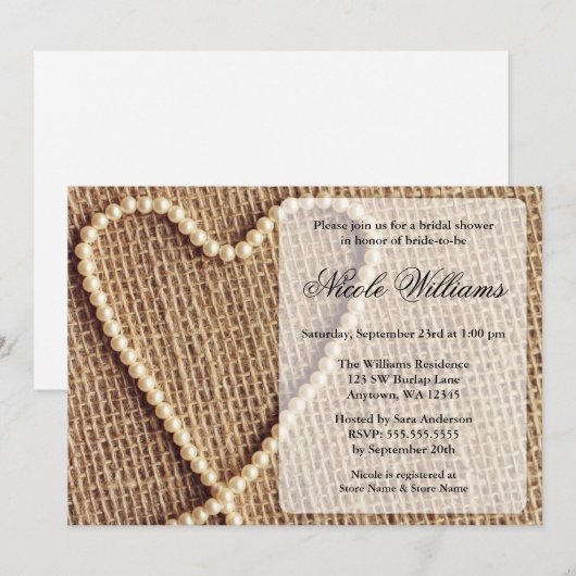 Burlap Pearl Heart Bridal Shower Invitations Kaart (Voorkant / Achterkant)