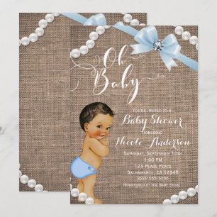 Burlap & Pearls Blue Bow Brunette Tan Baby shower Kaart