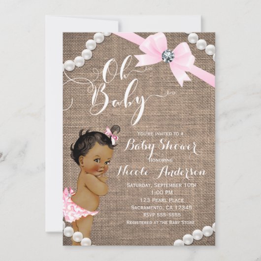 Burlap & Pearls Pink Bow Etnisch Meisje Baby showe Kaart (Voorkant)