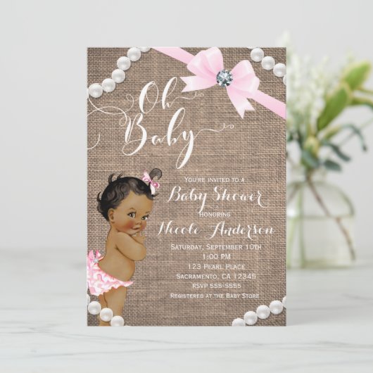 Burlap & Pearls Pink Bow Etnisch Meisje Baby showe Kaart (Staand voorkant)