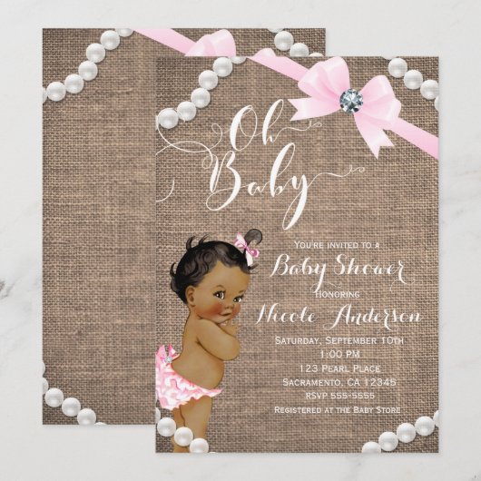 Burlap & Pearls Pink Bow Etnisch Meisje Baby showe Kaart (Voorkant / Achterkant)
