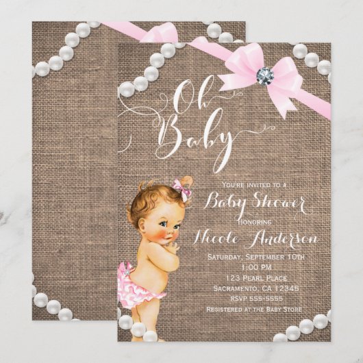 Burlap & Pearls Pink Bow Girls Baby shower Kaart (Voorkant / Achterkant)