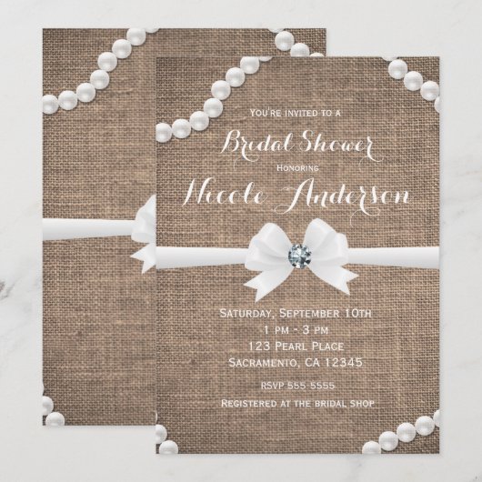 Burlap & Pearls Rustieke Bruiloft Uitnodiging (Voorkant / Achterkant)