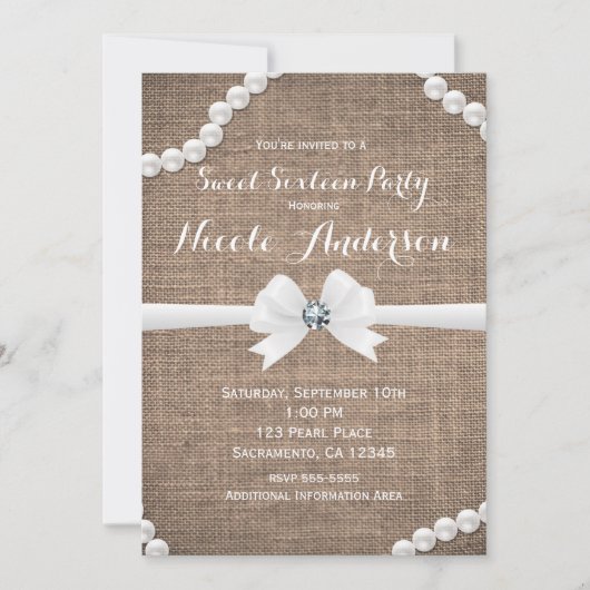 Burlap & Pearls Rustieke Glamour Sweet 16 Party Kaart (Voorkant)