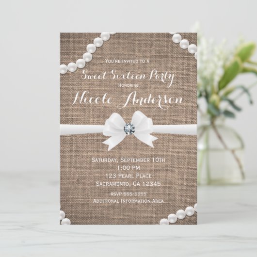 Burlap & Pearls Rustieke Glamour Sweet 16 Party Kaart (Staand voorkant)