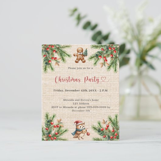 Burlap pine natuurlijke kerstfeest uitnodiging (Staand voorkant)