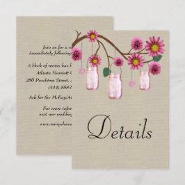 Burlap Pink Floral Mason Jars Wedding Details Informatiekaartje