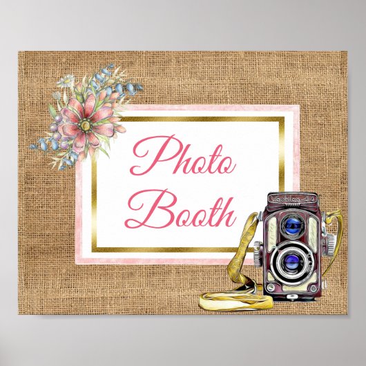 Burlap Pink Floral Photo Booth Wedding Sign Poster (Voorkant)