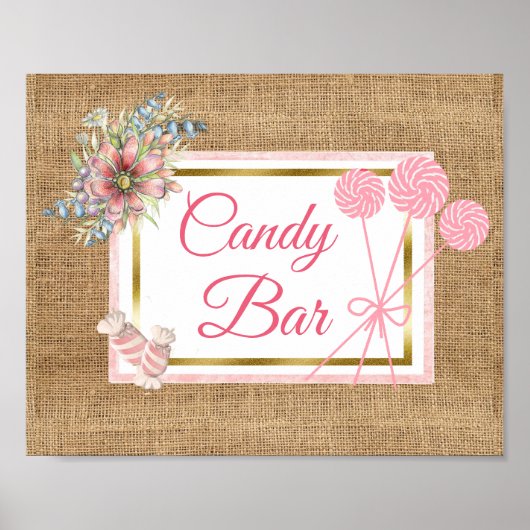 Burlap Pink Floral Snoep Ar Wedding Sign Poster (Voorkant)