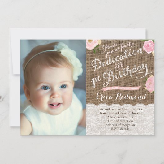 Burlap Pink Flowers Dedication 1st Birthday Party Kaart (Voorkant)