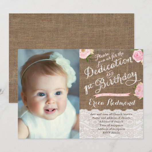 Burlap Pink Flowers Dedication 1st Birthday Party Kaart (Voorkant / Achterkant)