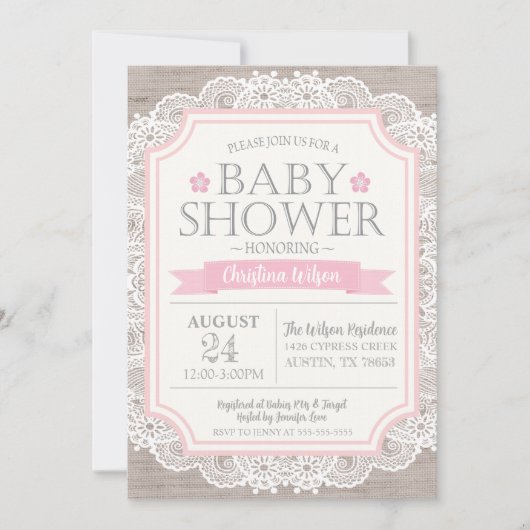 Burlap Pink & Lace Baby shower Invitation Kaart (Voorkant)