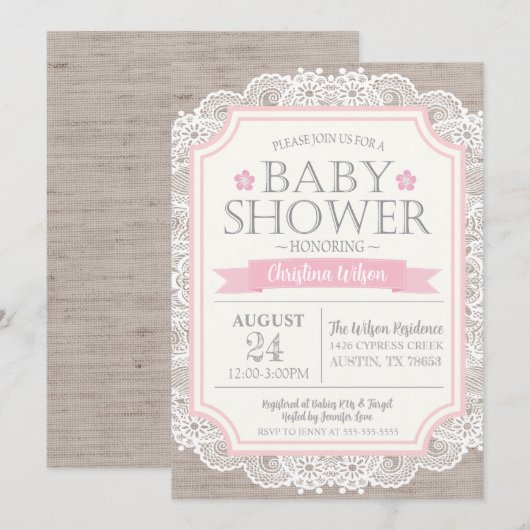 Burlap Pink & Lace Baby shower Invitation Kaart (Voorkant / Achterkant)