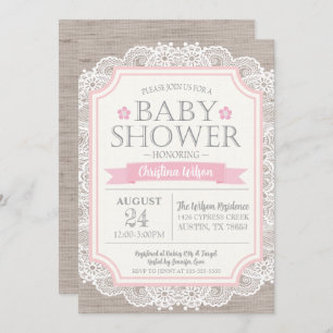 Burlap Pink & Lace Baby shower Invitation Kaart