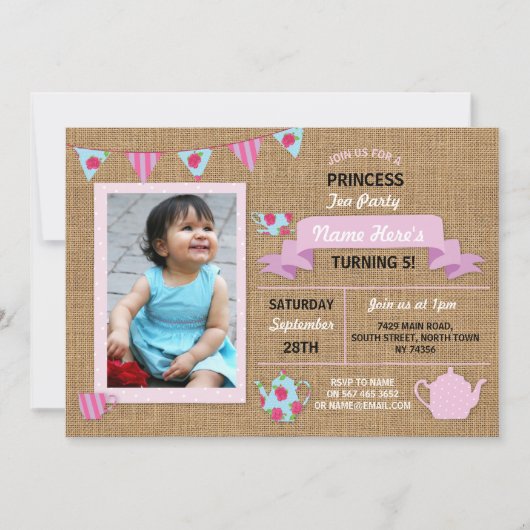 Burlap Princess Tea Party Pink Birthday Invite Kaart (Voorkant)